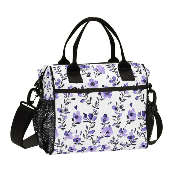 Stylish Insulated Lunch Tote Bag Lunch Cooler Tote Reusable Cooler Bag for Work, Camping, Picnic, Beach Purple Flowers Pattern