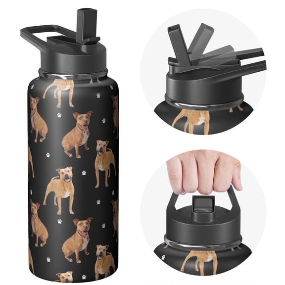 Stylish Insulated Stainless Steel 32oz Sports Dog Water Bottle with Handle Lids - Wide Mouth Jug, Double Wall Leakproof, Keeps Drinks Cold 24Hrs Hot 12Hrs, Gym Flask for Dog Fans