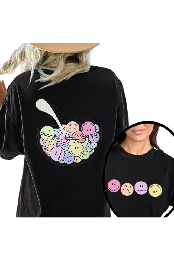 Stylish "It's Okay To Feel All The Feelings" Emotional - Expression Tops for Women Charming Graphic Tees Featuring Emoji, Bowl And Text Design Fashionable Short Sleeve Casual Tops