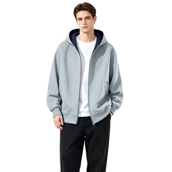 Stylish Jackets for Men Jerdar Men Contrast Color Hood Zip Up Sweatshirt Jacket, Oversized Loose Long Sleeve Hoodie with Kangaroo Pocket, Cotton Autumn Casual Outer Coat