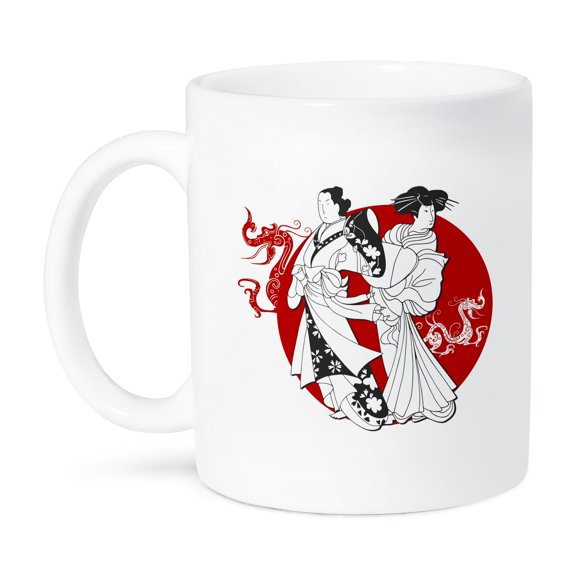 3dRose, Stylish Japanese Couple over Red Sun and Dragon Background, 15oz Mug
