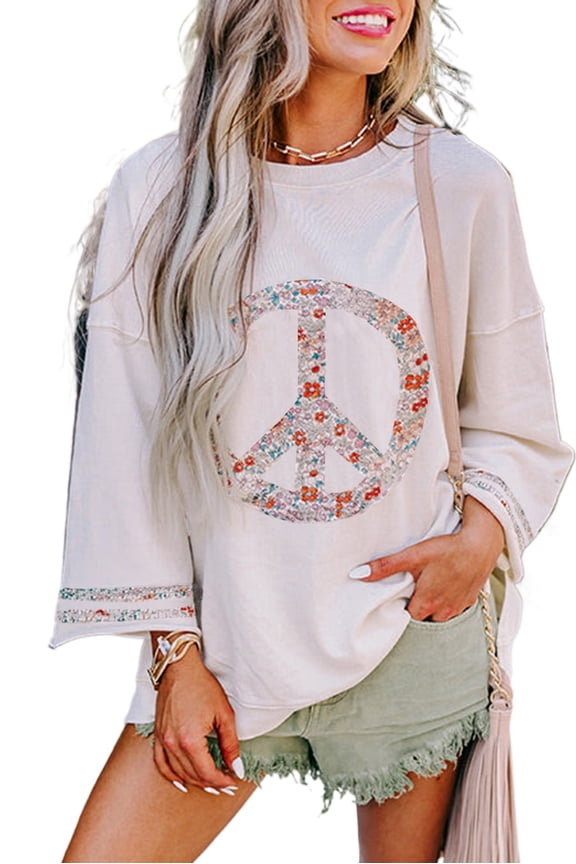 Stylish Jet Stream Long Sleeve Loose Fit Top with Peace Sign Design | [ZhiHiMeRi] | (US 8-10)M