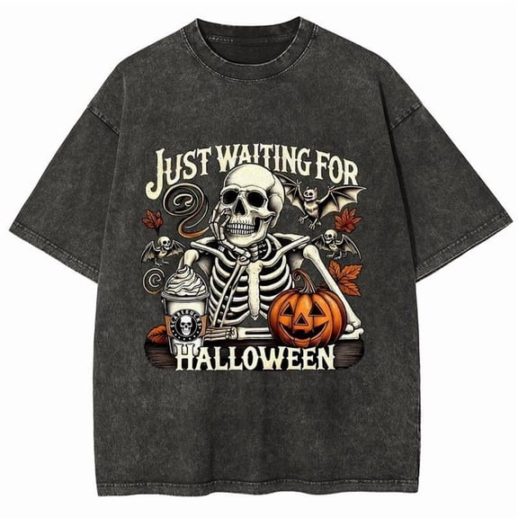 Stylish Just Waiting For Halloween Tops for Women Eye - Catching Halloween - Themed Graphic Tees Fashionable Casual Short Sleeve Print Tshirts Ideal For Autumn Festivities
