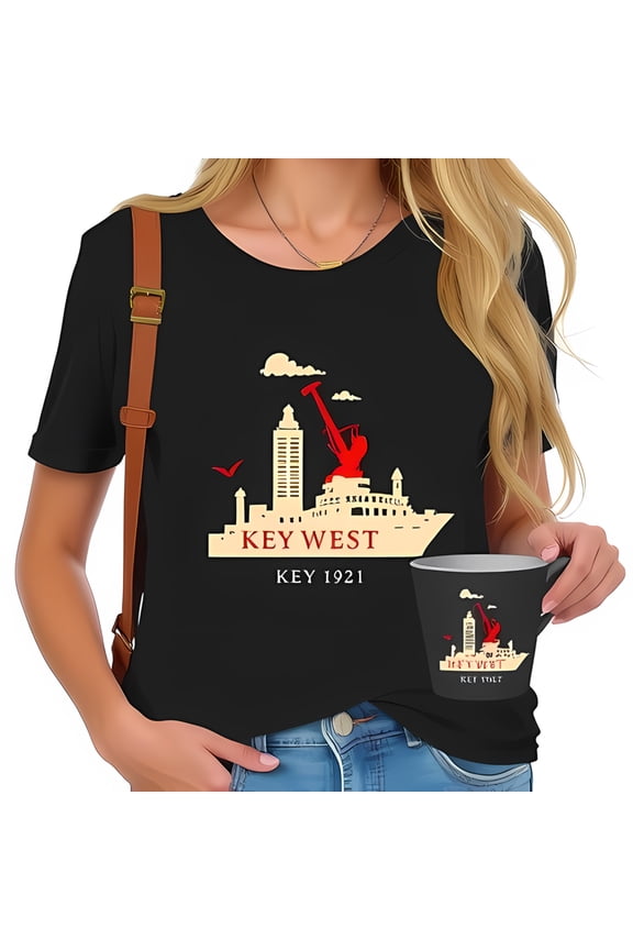 Stylish Key West Cotton Short Sleeve T-Shirt with Iconic Landmarks & Tropical Design - " KEY WEST " & " KEY 1921 "