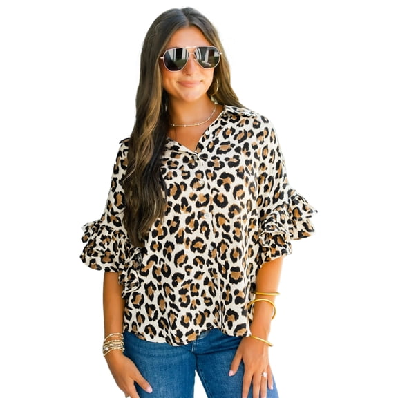 Stylish Khaki Leopard Print Loose Shirt with Ruffle Sleeves – Ideal for Fall Outfits, M
