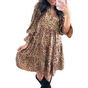 Stylish Khaki Leopard Print V Neck Dress   Ruffled Sleeve Shift Dress for Beach Outings [ZhiHiMeRi] | M