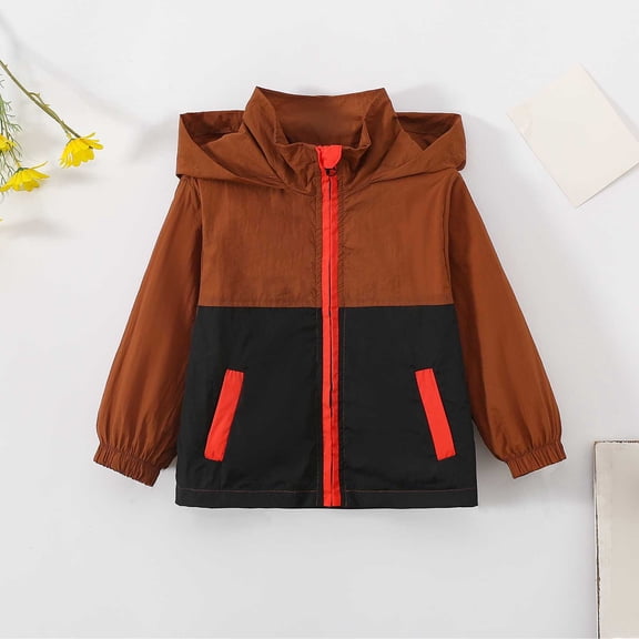 Stylish Kids Patchwork Hooded Windbreaker Jacket Cozy Outerwear for Toddler Girls and Boys Playful Zipper Front Design