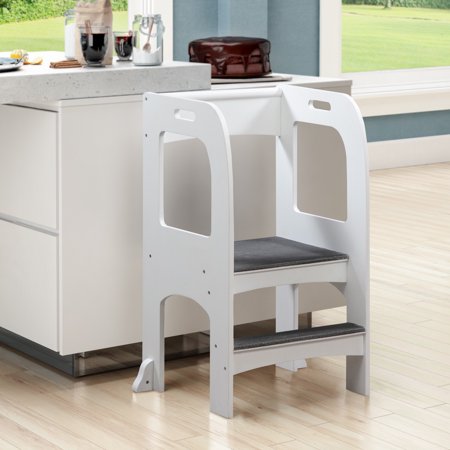 Stylish Kids on The Rise Kitchen Step Stool with Safety Non-Slip Mat, Wooden Standing Tower for Kitchen Countertops and Bathroom Sink, Kids Helper Learning Step Stool- White