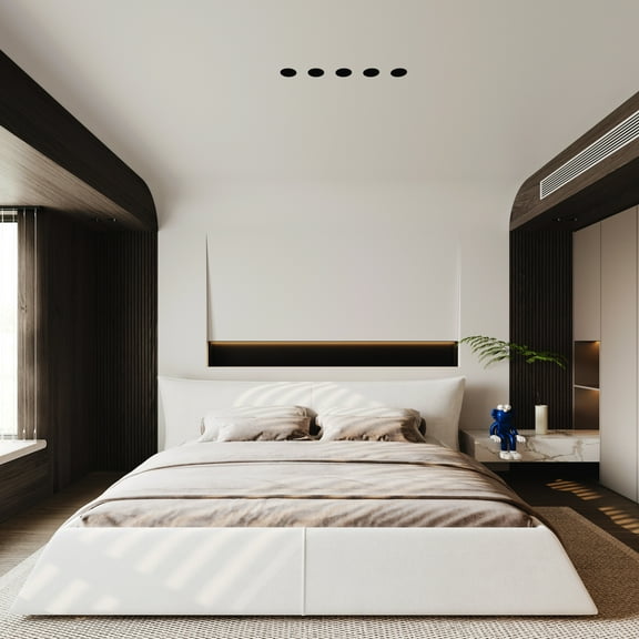 Stylish King Size Bed With Oversized Velvet Headboard, Wood & Metal Frame Fashionable Headboard Solid Support In Cream