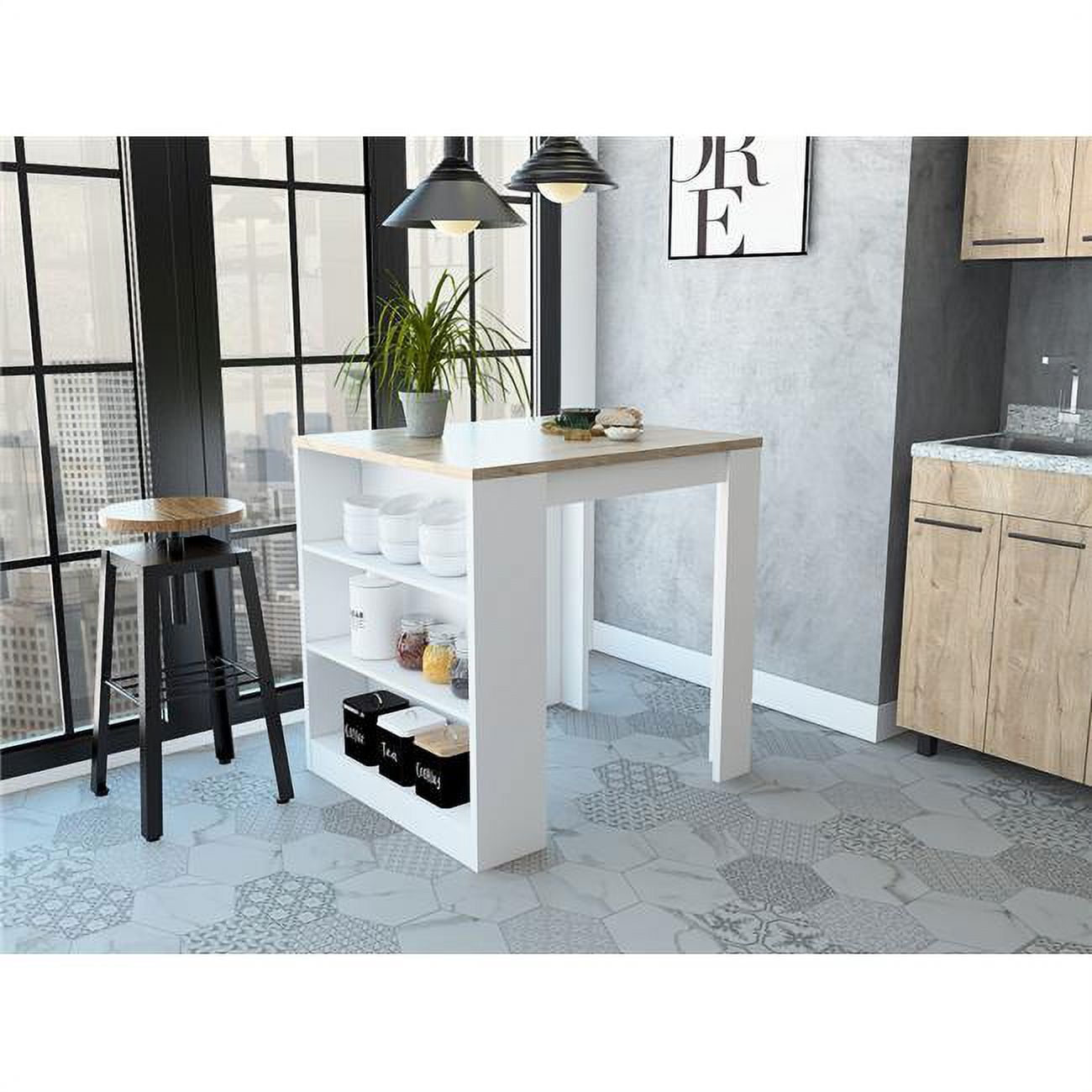 White and Pine Rectangular Kitchen Island with Shelves