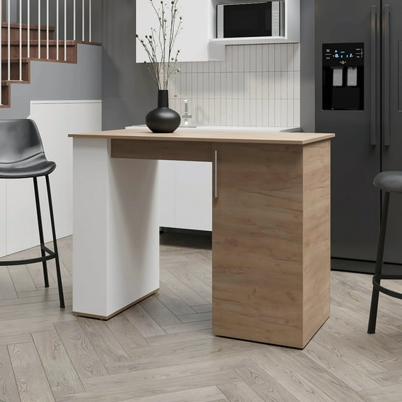 Stylish Kitchen Island In White And Natural Oak - Rectangular Shape With Storage Space Modern Elegant Ample Shelves