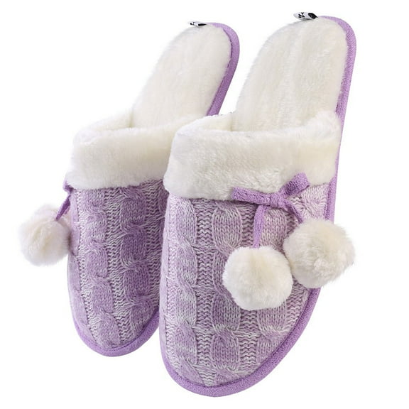 Stylish Knit Women's Slippers with Cute Pom Poms, Anti-Slip Weatherproof Sole, Plush Fleece Soft Interior, Comfy Cozy Daily Use Slippers (Lilac-6)