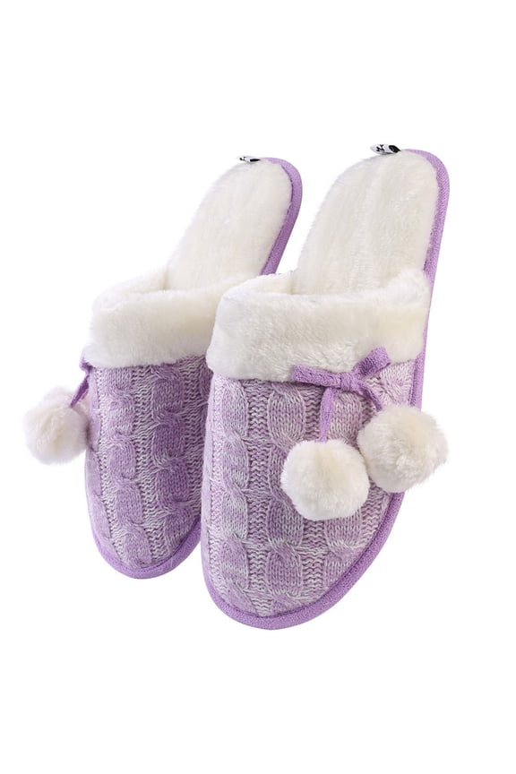 Stylish Knit Women's Slippers with Cute Pom Poms, Anti-Slip Weatherproof Sole, Plush Fleece Soft Interior, Comfy Cozy Daily Use Slippers (Lilac-8)