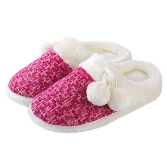 Stylish Knit Women's Slippers with Cute Pom Poms, Anti-Slip Weatherproof Sole, Plush Fleece Soft Interior, Comfy Cozy Daily Use Slippers (Red-7)