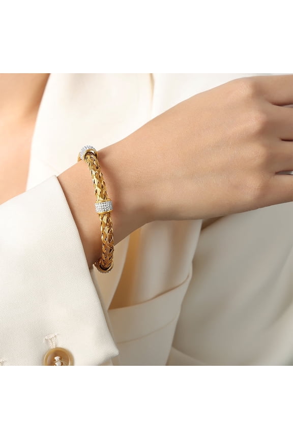 Stylish Knited Woven Designer 14K Yellow Gold Bracelet Bangle for Women Inlaid CZ Charm Luxury Jewelry