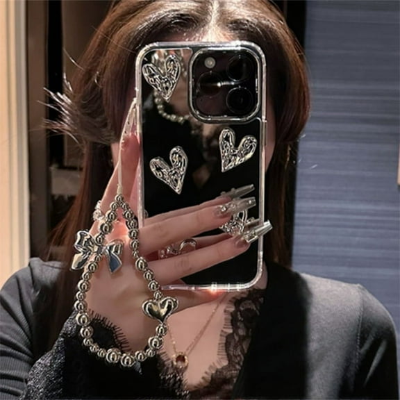 Stylish Korea cute 3D heart bracelet phone case for iPhone 15 13 14 11 12 Pro Max silvery mirror cover girl electroplated shell
