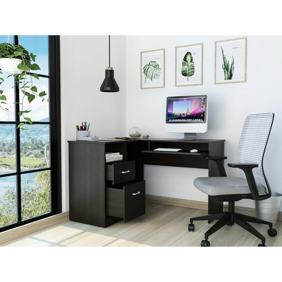 Stylish L-shaped Desk In Black , 2 Drawers And 1 Shelf Work With Tidy