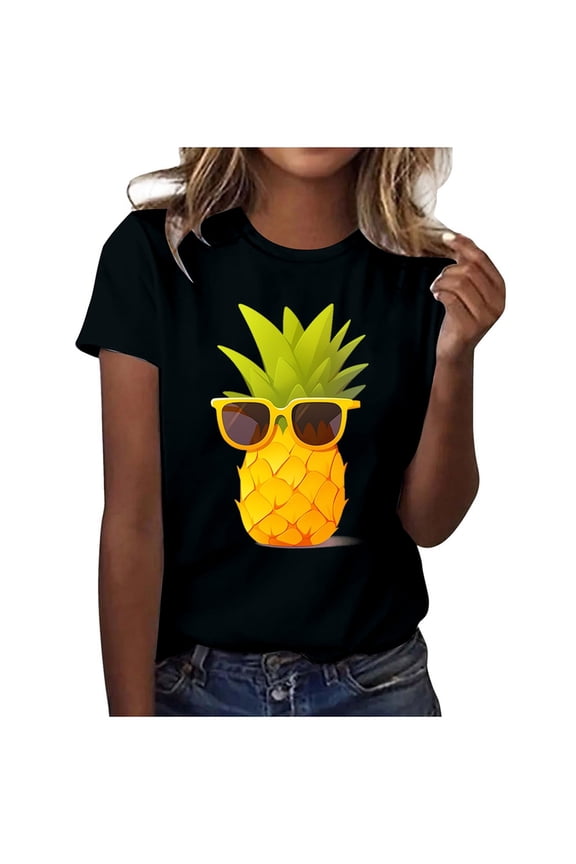 Stylish Ladies Casual Summer Pineapple Graphic Short Sleeve Tee Shirt for Women Oversized T-shirts Short Sleeve Crewneck Casual Tops