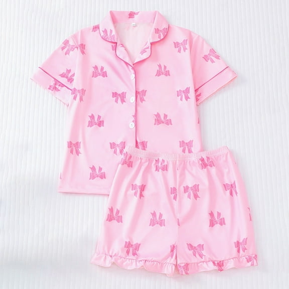 Stylish Lapel Collar Girls Pajama Set Comfortable Short Sleeve Top and Soft Shorts Loungewear for Home Wear Cozy Kids Sleepwear Outfit