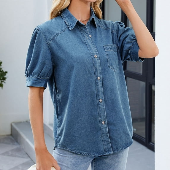 Stylish Lapel Denim Shirt for Women Casual Long Sleeve Blouse Comfortable Tops Comfortable Long/Short Sleeve Tee Shirts for Men Beach Tops Casual Shirt
