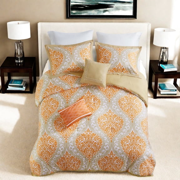 Stylish Large Damask Bedding Sets Hypoallergenic Polyester Comforter Decor Pillows Included Orange
