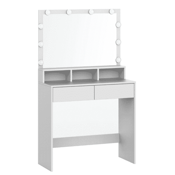 Stylish Large Mirror Vanity Desk, LED Lighting System with Adjustable Brightness, Modern Makeup Table for Bedroom & Dressing Room, Space-Saving Organizer, Dual Drawers & Triple Compartments, Cloud Wh