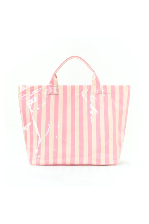 Stylish Large Striped Glossy Tote Bag Large Striped PVC Glossy Tote Bag for Women Plastic Tote Bags with Handles Pink and Beige