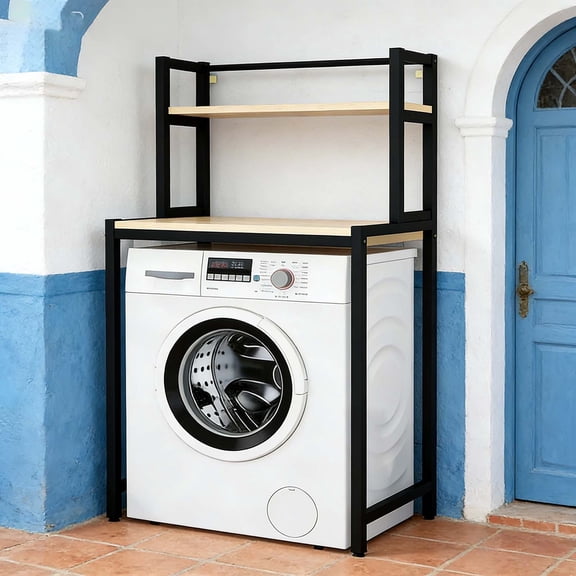 Stylish Laundry Organizer, Over Washer Dryer Storage Shelf with Functional Wood Accent