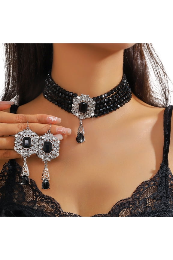 Stylish Layer Rhinestones Waterfall Necklace With Matching Earrings Jewelry Set