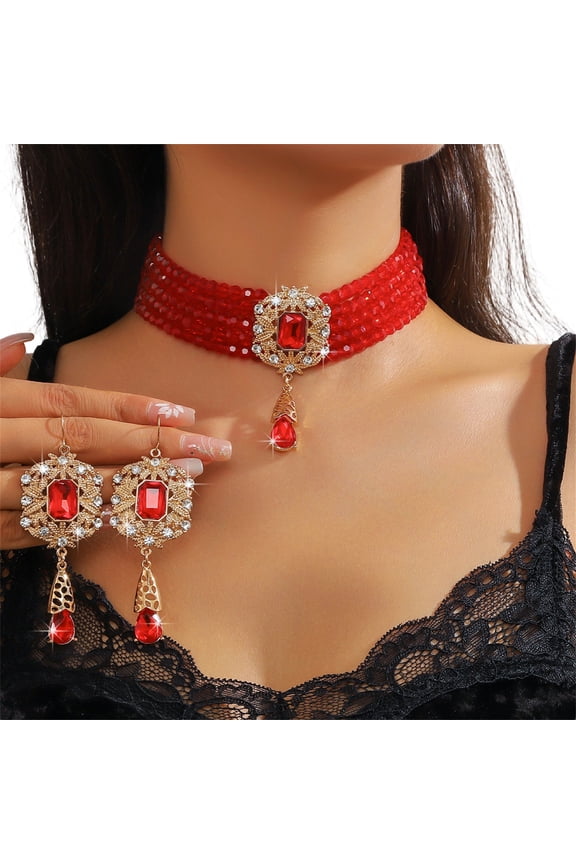 Stylish Layer Rhinestones Waterfall Necklace With Matching Earrings Jewelry Set