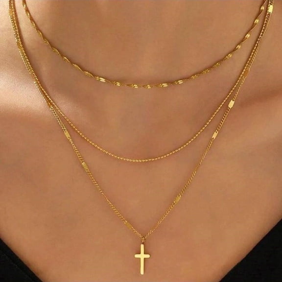Stylish Layered Gold Cross Necklace for Women Gift Jewelry Stainless Steel Chain