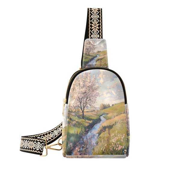 Stylish Leather Crossbody Bag 8.46x5.9x2.16In Easy To Carry Multi-Purpose Travel Hiking Shopping Fashion Bag Beautiful Spring Scenery