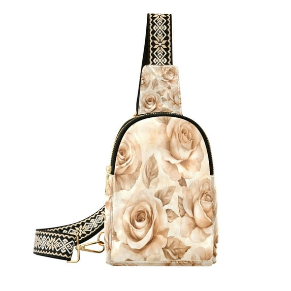 Stylish Leather Crossbody Bag 8.46x5.9x2.16In Easy To Carry Multi-Purpose Travel Hiking Shopping Fashion Bag Beige Roses