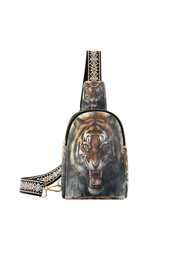 Stylish Leather Crossbody Bag 8.46x5.9x2.16In Easy To Carry Multi-Purpose Travel Hiking Shopping Fashion Bag Big Tiger with Big Mouth