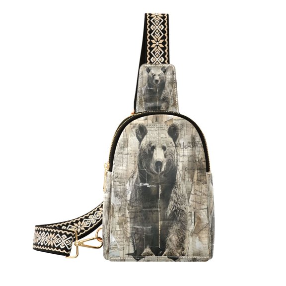 Stylish Leather Crossbody Bag 8.46x5.9x2.16In Easy To Carry Multi-Purpose Travel Hiking Shopping Fashion Bag Black Bear and Newspaper
