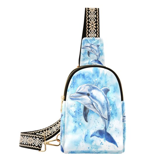 Stylish Leather Crossbody Bag 8.46x5.9x2.16In Easy To Carry Multi-Purpose Travel Hiking Shopping Fashion Bag Blue Watercolor Dolphin Pattern