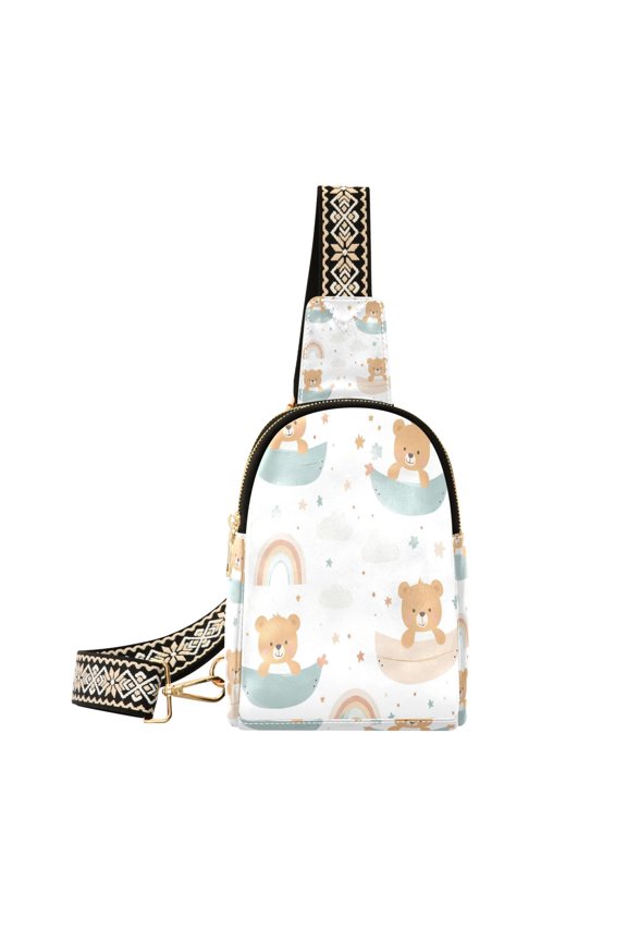 Stylish Leather Crossbody Bag 8.46x5.9x2.16In Easy To Carry Multi-Purpose Travel Hiking Shopping Fashion Bag Cartoon Rainbow Bear