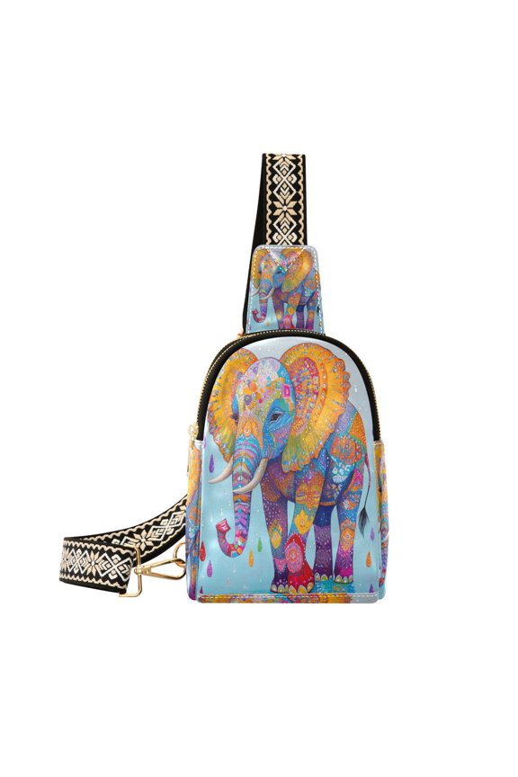 Stylish Leather Crossbody Bag 8.46x5.9x2.16In Easy To Carry Multi-Purpose Travel Hiking Shopping Fashion Bag Colorful Elephants and Raindrops