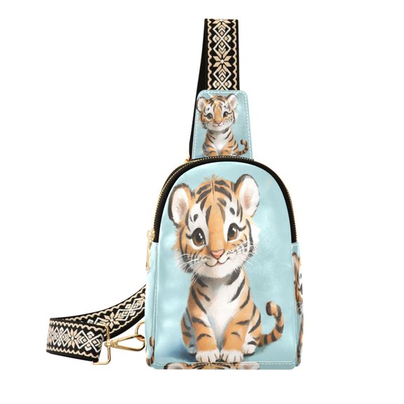 Stylish Leather Crossbody Bag 8.46x5.9x2.16In Easy To Carry Multi-Purpose Travel Hiking Shopping Fashion Bag Cute Smiling Cartoon Tiger
