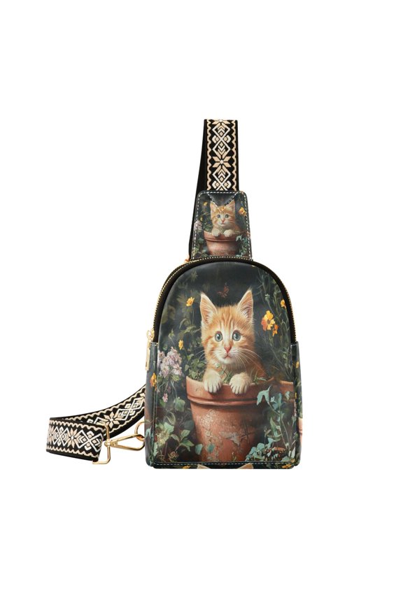Stylish Leather Crossbody Bag 8.46x5.9x2.16In Easy To Carry Multi-Purpose Travel Hiking Shopping Fashion Bag Flower Pot Cute Cat