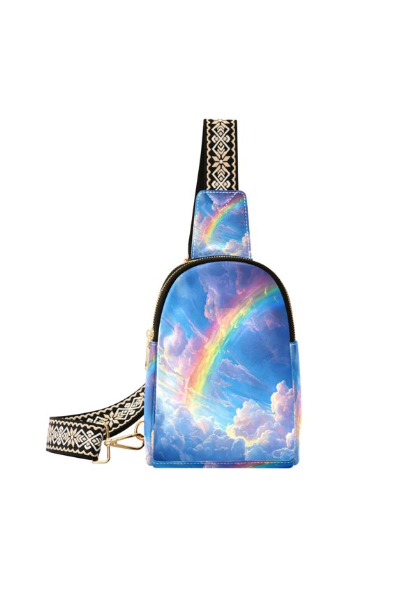 Stylish Leather Crossbody Bag 8.46x5.9x2.16In Easy To Carry Multi-Purpose Travel Hiking Shopping Fashion Bag Picturesque Rainbow Cloud