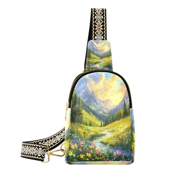 Stylish Leather Crossbody Bag 8.46x5.9x2.16In Easy To Carry Multi-Purpose Travel Hiking Shopping Fashion Bag Picturesque Summer Mountain