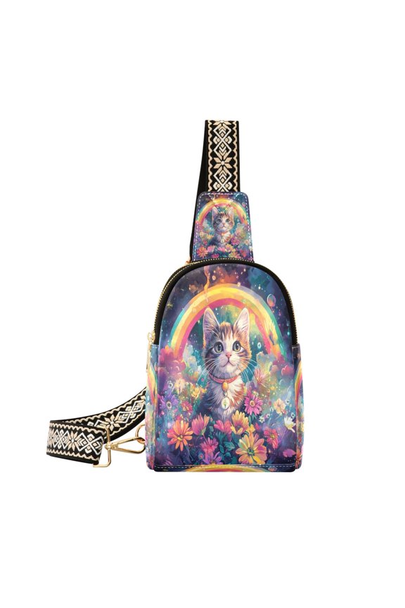Stylish Leather Crossbody Bag 8.46x5.9x2.16In Easy To Carry Multi-Purpose Travel Hiking Shopping Fashion Bag Pretty Rainbow Cat