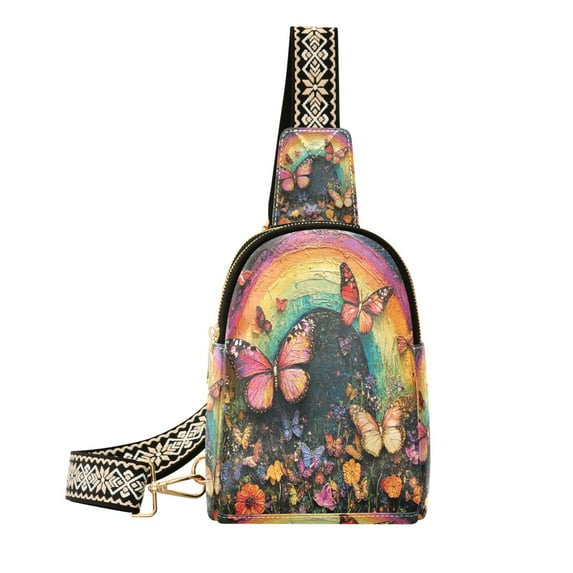 Stylish Leather Crossbody Bag 8.46x5.9x2.16In Easy To Carry Multi-Purpose Travel Hiking Shopping Fashion Bag Rainbow Butterfly