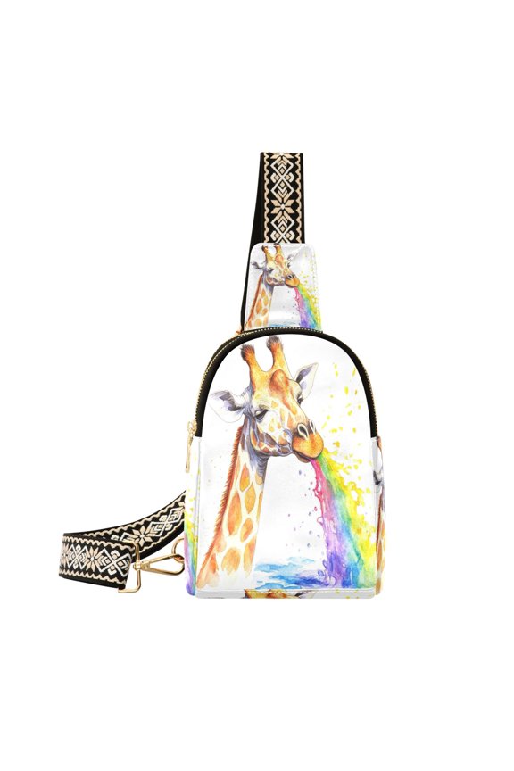 Stylish Leather Crossbody Bag 8.46x5.9x2.16In Easy To Carry Multi-Purpose Travel Hiking Shopping Fashion Bag Rainbow Giraffe Pattern