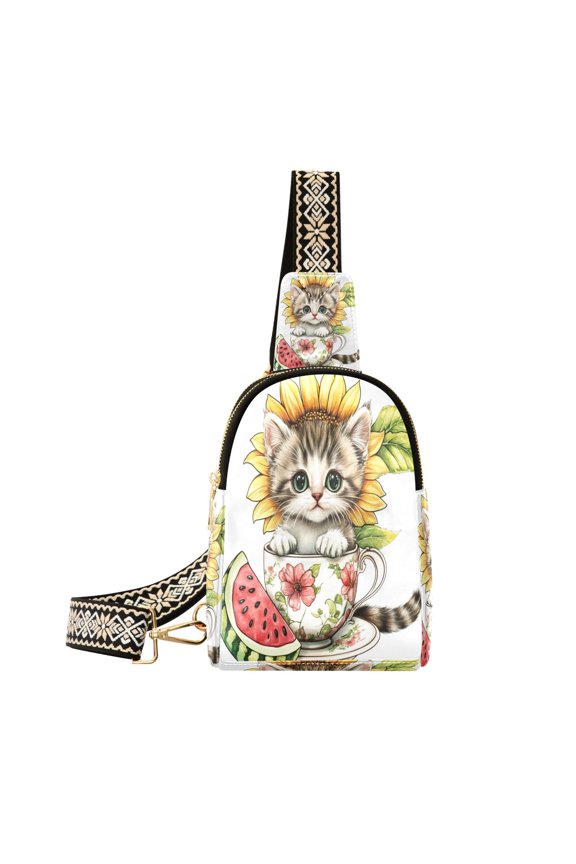 Stylish Leather Crossbody Bag 8.46x5.9x2.16In Easy To Carry Multi-Purpose Travel Hiking Shopping Fashion Bag Teacup Black Kitten