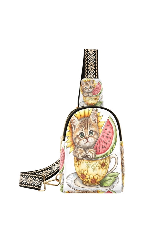 Stylish Leather Crossbody Bag 8.46x5.9x2.16In Easy To Carry Multi-Purpose Travel Hiking Shopping Fashion Bag Teacup Orange Cat