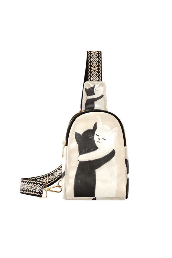 Stylish Leather Crossbody Bag 8.46x5.9x2.16In Easy To Carry Multi-Purpose Travel Hiking Shopping Fashion Bag Two Cats Hugging