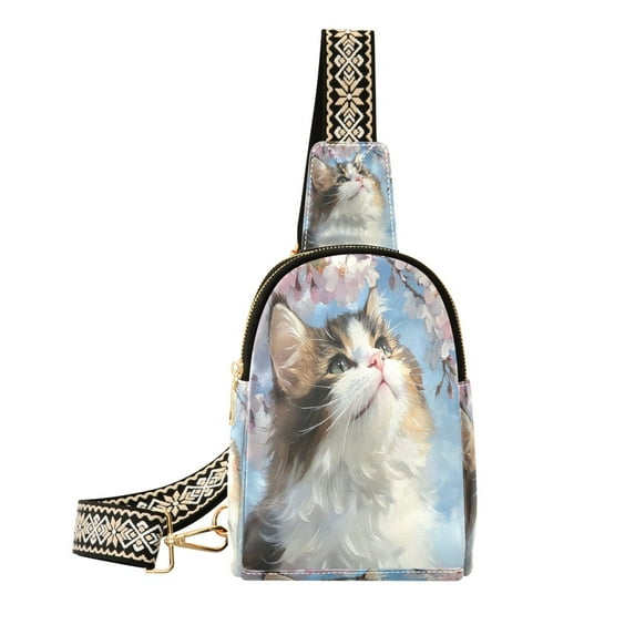 Stylish Leather Crossbody Bag 8.46x5.9x2.16In Easy To Carry Multi-Purpose Travel Hiking Shopping Fashion Bag Upside-down Cat