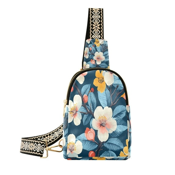 Stylish Leather Crossbody Bag 8.46x5.9x2.16In Easy To Carry Multi-Purpose Travel Hiking Shopping Fashion Bag White Flowers Beautiful